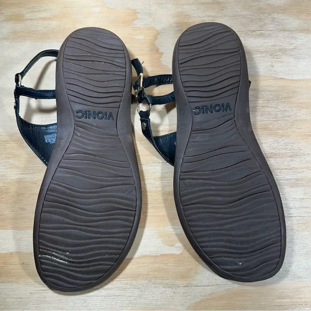 Vionic Kirra Black Leather T Strap Sandals Women’s Size 9.5
